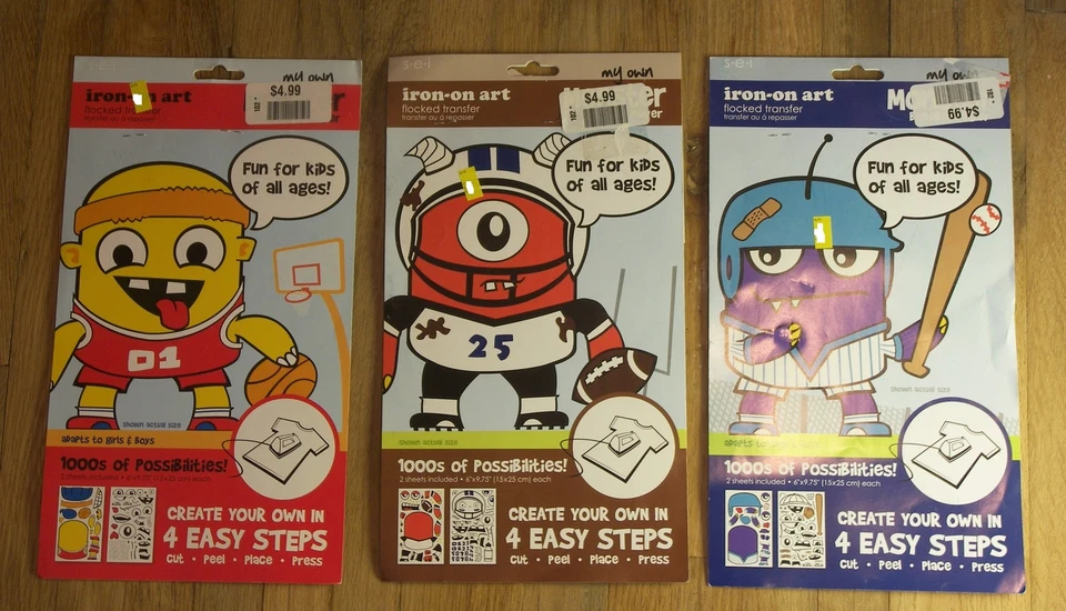 3 Packs My Own Monster Iron-On Art Baseball Football Basketball Flocked Transfer - Image 1 of 1