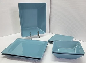 10 Strawberry Street Square Blue Plates and Bowls 7 Pcs Set - Picture 1 of 6