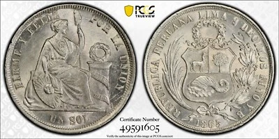 Perú 1 Sol 1865/55 YB Pcgs Ms63 RARO Overdate Pop 4, 1 Finer Foto 1 de 3