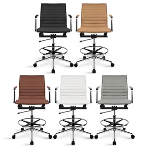 Modern Drafting Chair | Upholstered PU Leather Ribbed Mid Back with Adjustable - Picture 1 of 47