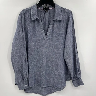 Blusa túnica 100% lino XL azul cambray manga larga calce relajado elegante top Foto 1 de 4