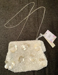 Handcrafted Clutch Bag Made In India Beaded Floral Shell Wedding White - Picture 1 of 6