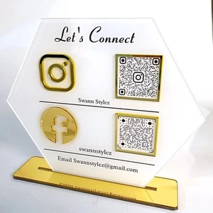 BUSINESS MULTI QR CODE SCANNING SIGN SOCIAL MEDIA BOARD PLAQUE HEXAGON GOLD - Picture 1 of 3