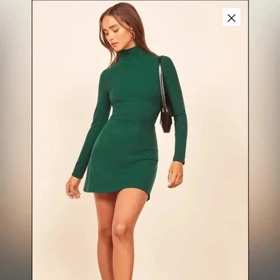 Reformation Maya Emerald Green Ribbed Knit Mock Neck Long Sleeve Dress Sz XS NWT - Image 1 of 4