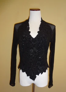 Vintage Tadashi Black Beaded Sparkle Sheer Sleeve Evening Top in size Large - Picture 1 of 13