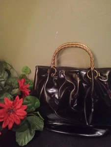 The Vintage 1950 Patent Leather Handbag Black With Brass Handles - Picture 1 of 12