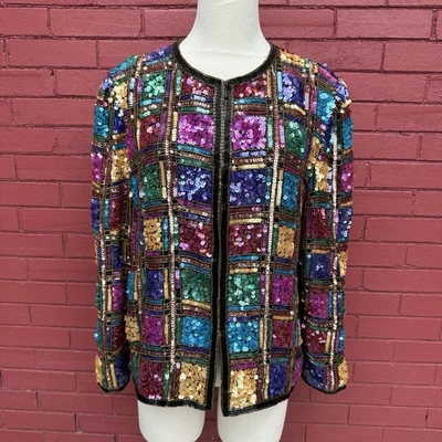 Blazer Chaqueta de Noche de Lentejuelas de Seda Grande Laurence Kazar De Colección Bloque de Color Foto 1 de 4