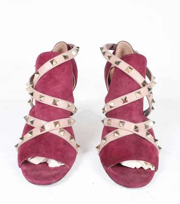 Valentino Burgundy Suede Studded Wrap Sandals Size 37 w/ Beige Straps –Pre-Owned - Image 1 of 4