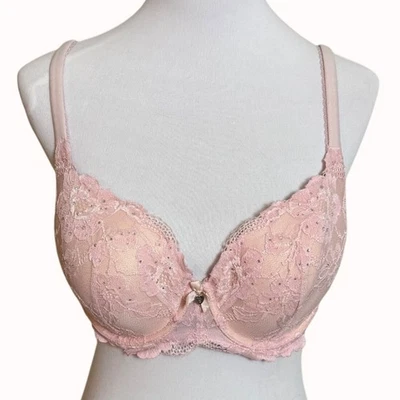 Victorias Secret Push Up Bra Body By Victoria 38D Pink Lace Rhinestone Underwire - Image 1 of 4