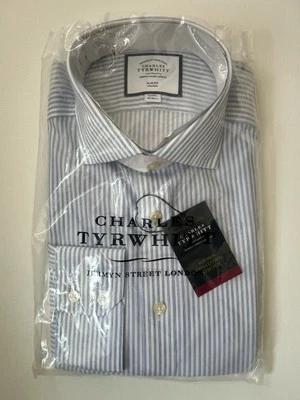 Camisa CHARLES TYRWHITT Abotonada Rayas Azul No Hierro Calce Ajustado 16x34 Hombres NUEVA Foto 1 de 4