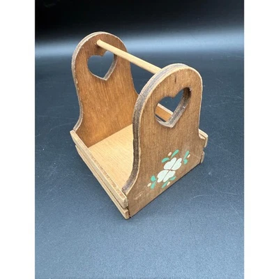 Miniature Wooden Caddy Hand Painted Folk Art Heart Cutouts Rustic Country Décor - Image 1 of 4