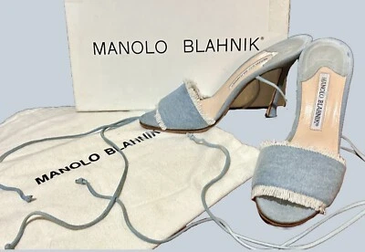 Винтажный - Manolo Blahnik 2004 джинсовой ткани Stiletto каблук сандалии с лодыжки шнурки - 5,5 - Изображение 1 из 4