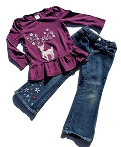 Girls Gymboree Shirt Jeans Size 4 Fair Isle Sparkle Reindeer Vintage Purple - Picture 1 of 9