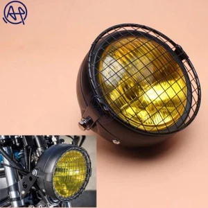 Motorcycle 12V Hi/Low Bean Blub Yellow Lens Headlight With Retro Grill Mask - Picture 1 of 7