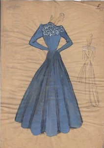 Bozzetto Alta Moda TEMPERA anni 30/40 ABITO LUNGO BLU Disegno Figurino stilista - Picture 1 of 1