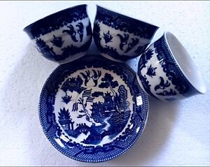 5 PC Blue Willow Japan Saucer Cups Dishes Set Vintage Lot