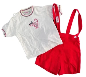 Vintage Boys DONMOOR 2 Piece Red Short Suspenders with Cat Baseball Cap Shirt - Picture 1 of 5