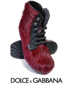 Dolce and Gabbana Maroon Calf Leather Boy's US 1 Pony Hair Combat Boots (0043) - Picture 1 of 11
