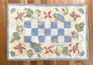 Floral Vintage Hook Area Rug Blue Green Yellow Red Shabby Chic Plaid Cotton - Picture 1 of 8