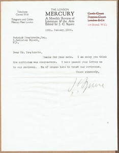 Sir John Collings Squire, Poet, Historian, Editor. 1926 Autograph Letter - Picture 1 of 1