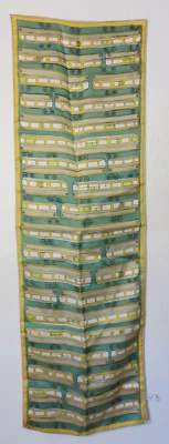 vintage Vera scarf green tan gold train cars funky wheels - Image 1 of 4