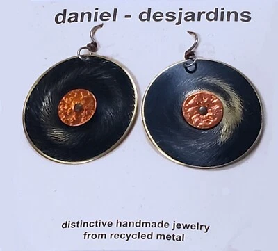 earrings recycled metal black bronze artisan dangle 1.5" dia, new never worn - Image 1 of 2