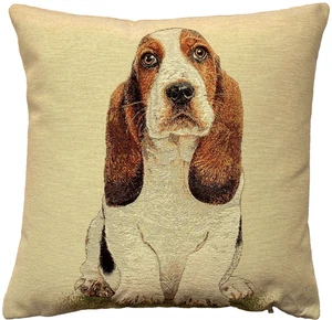 BASSET HOUND DOG, HAND FINISHED  17" 44CM TAPESTRY CUSHION PILLOW COVER WITH ZIP - Picture 1 of 6