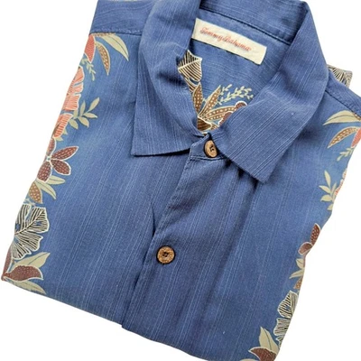 Camisa de campamento hawaiana de seda Tommy Bahama con botones S/S para hombre grande azul marrón Foto 1 de 4