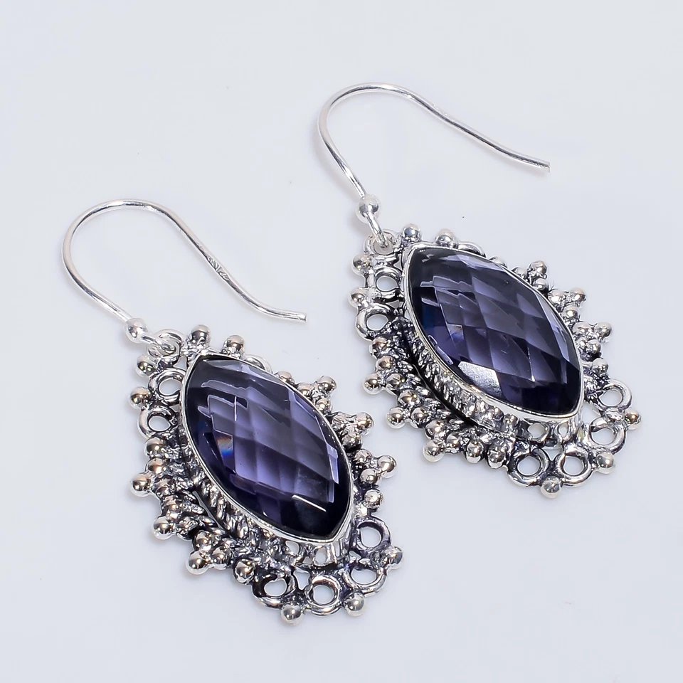 Pendientes de plata de ley 925 hechos a mano con piedras preciosas de iolita estilo vintage 1,9" s239 Foto 1 de 4