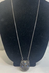 Vtg Miniature Filigree Purse Ornate Silver Chain Pendant Blue Stone Necklace - Picture 1 of 9