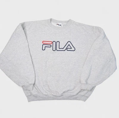 Sudadera vintage Fila para hombre grande gris cuello redondo deletreada bordada Foto 1 de 4