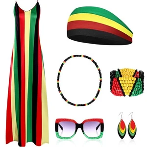 Juego de 6 Vestidos Jamaicanos para Mujer, Pendientes Jamaicanos Pulsera Collar, Ras... - Imagen 1 de 7