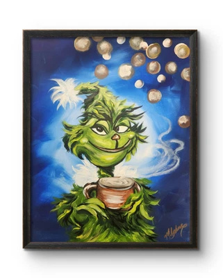 Yuletide Latte – 原版 16x20 圣诞格林奇绘画 M. Isaksen 著 — 第 1/4 张图片