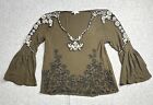 Lucky Brand Shirt Womens Small Brown Floral Linen Top V Neck Casual Ladies