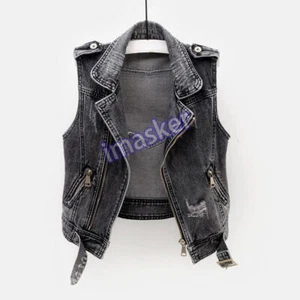Women Denim Coat Waistcoat Jacket Top Jeans Sleeveless Biker Punk Casual - Picture 1 of 13