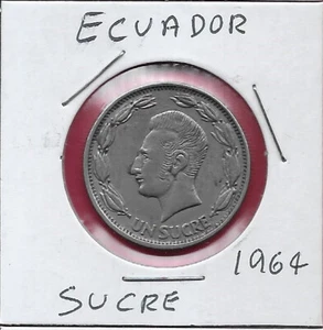 ECUADOR 1 SUCRE 1964 XF STYLIZED HAIRSTYLE,FLAG DRAPED ARMS,DATE BELOW,HEAD LEFT - Picture 1 of 2