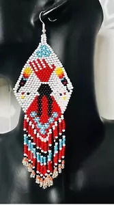 Tribal Earrings Native Large Boho American Seed Beads Handmade Earring - Picture 1 of 3