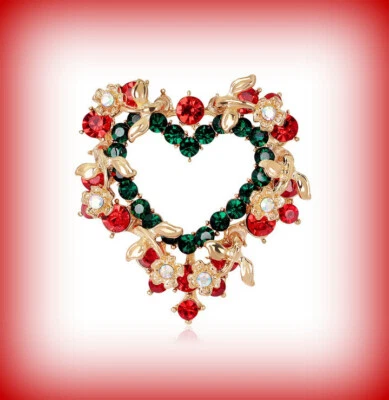 Broche prendedor vintage inspirado rojo y verde corazón de navidad diamantes de imitación ~ me encanta la navidad Foto 1 de 4
