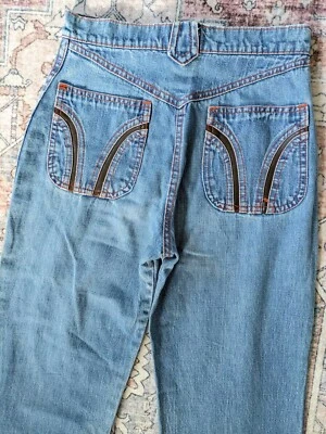 Pantalones de mezclilla vintage IPC para niñas con detalle de bolsillo de cuero de puntada naranja Foto 1 de 4