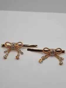 Miu Miu 18 K Gold Pair Plated Crystal Bow Hairclips - Picture 1 of 6