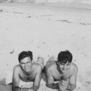 945 Handsome Shirtless Men Suntanning Beach Sand Corona Del Mar Smiling Seaside - Picture 1 of 3