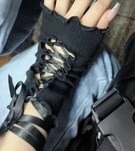 Women Girl Halloween Tie Up Kpop Style Fingerless Black Punk Gothic Short Gloves - Picture 1 of 11