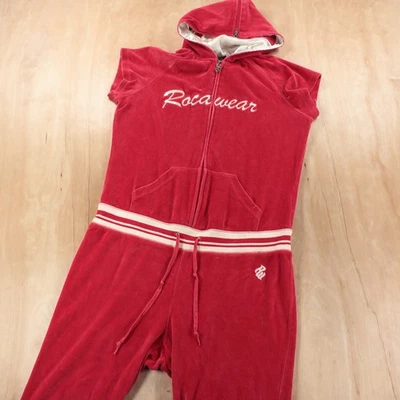 vtg 90s ROCAWEAR womens hooded short sleeve red velour bodysuit XL hip hop  - Image 1 of 4