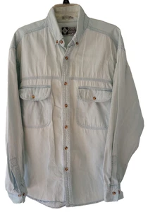 Vintage Mens Faded Denim Button Front Shirt Large Distressed Long Sleeve 90s - Picture 1 of 9