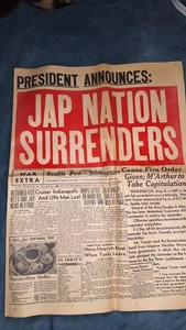 Periódico Seattle Post-Intelligencer 15 de agosto de 1945, Japón se rinde Segunda Guerra Mundial termina - Imagen 1 de 9