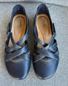 Clarks Women’s Size 10 Flats Ashland Spin Q Blue Leather Slip On Loafers Shoes - Picture 1 of 12