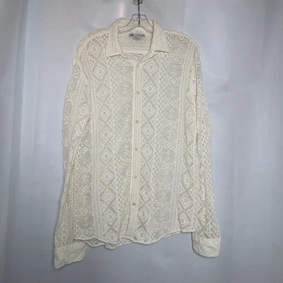 Camisa ZARA Tejida de Encaje con Botones L/S Crema Mujer L Playa Crucero Boho Western Foto 1 de 4