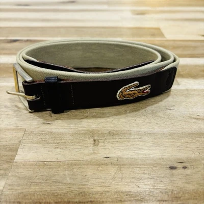Vintage LACOSTE Belt Sz 42 Stretch Fabric & Leather Brass Logo Alligator Beige - Image 1 of 4