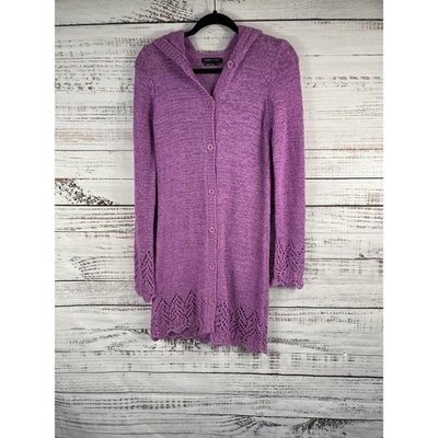 BCBGMAXAZRIA Suéter Para Mujer Mediano Púrpura Con Capucha Botón Cárdigan Dobladillo Crochet Foto 1 de 4