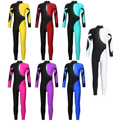 UK Girls Gymnastics Leotard Long Sleeve Ballet Dance Unitard Full Body Jumpsuit